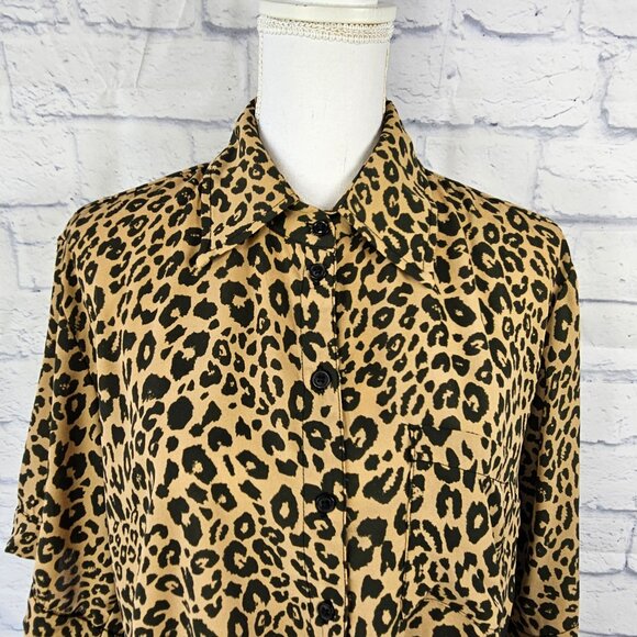 Sanctuary Size S Tan Leopard Print Button Up Drop Shoulder Tie Waist Blouse Top - Picture 2 of 8